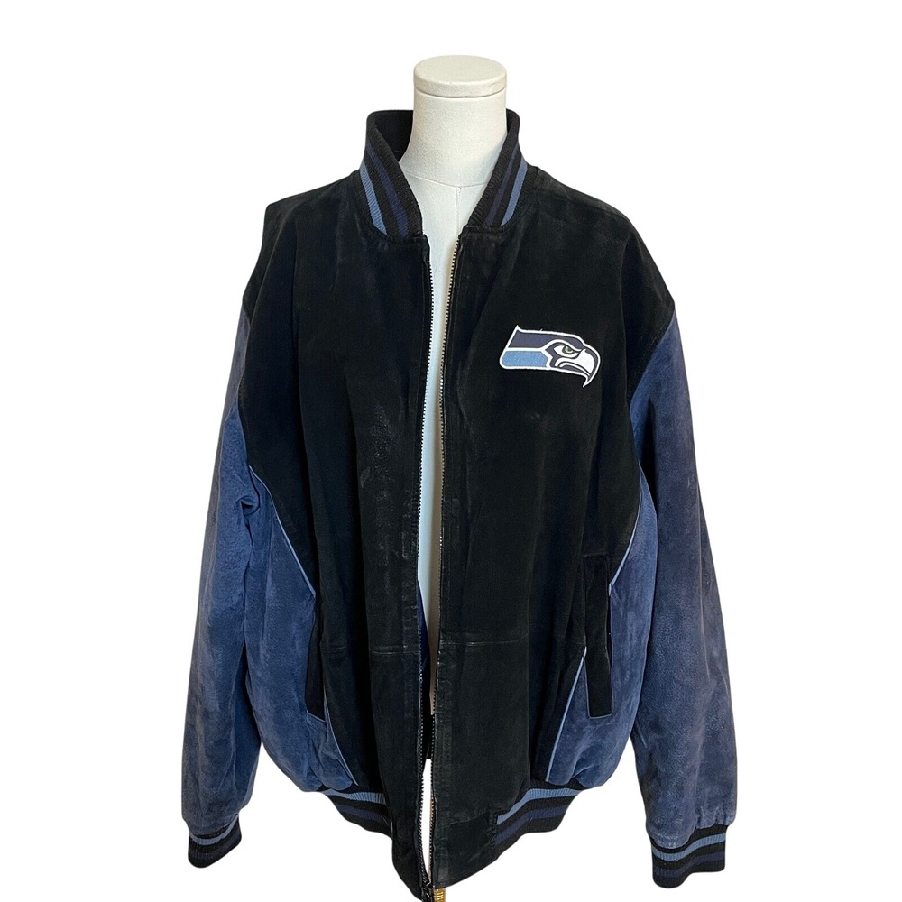 Vintage NFL Seattle Seahawks Jacket Suede Leather Bomber Full‎ Zip Mens XL - Picture 2 of 13